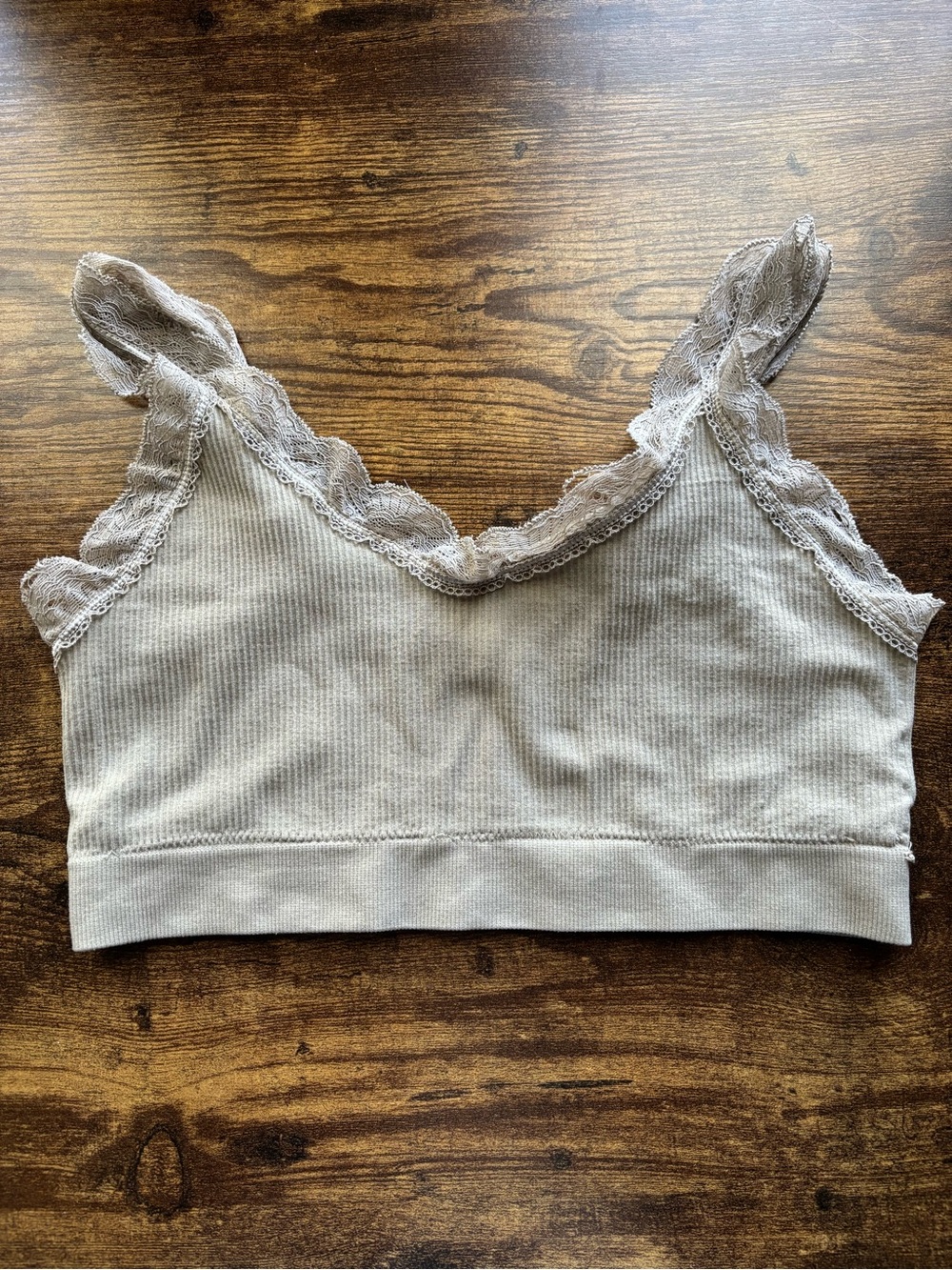 Miss Sparkling Ribbed Lace Trim Seamless Bralette Cami Top Beige